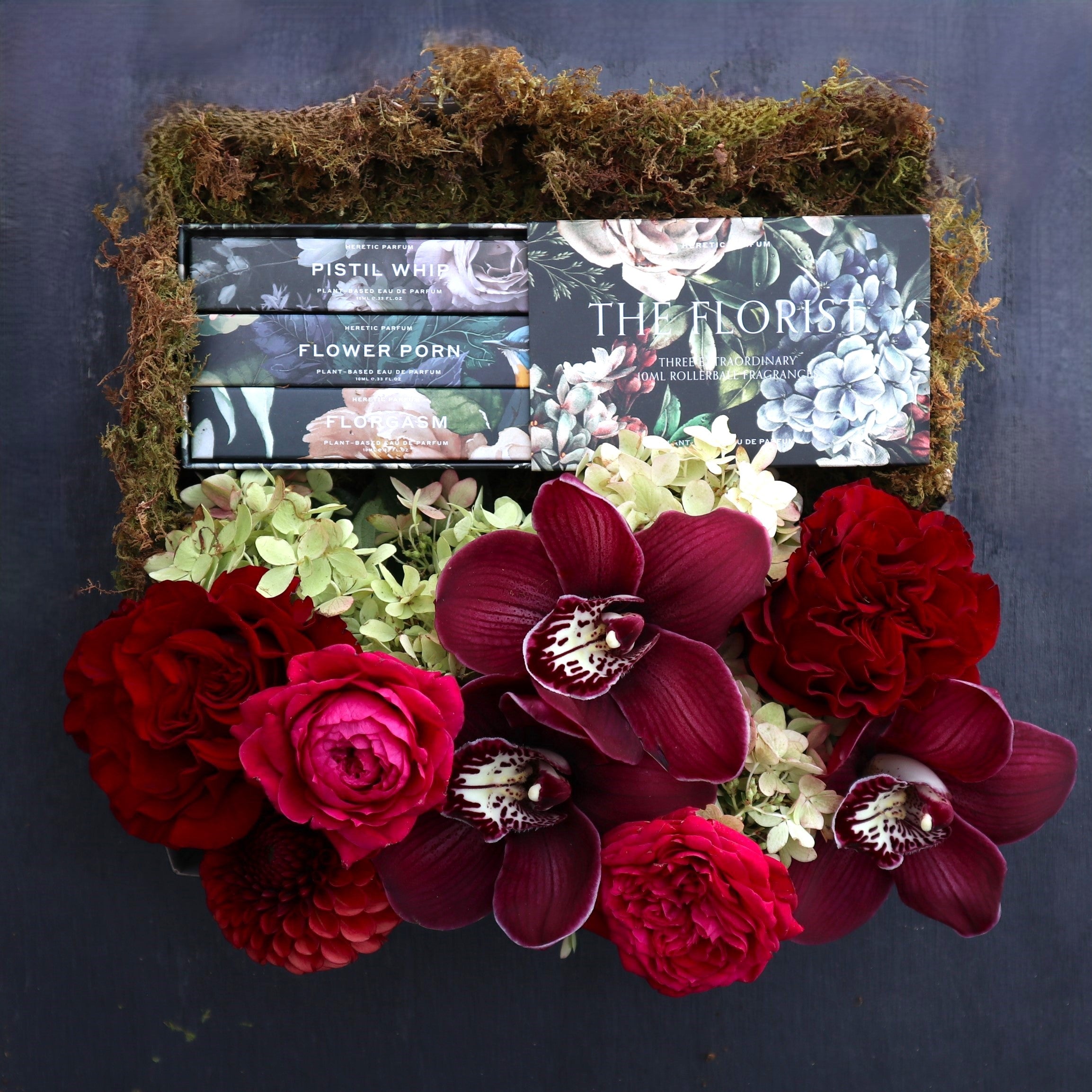 Box of Red Roses and Burgundy Carnations with Perfume