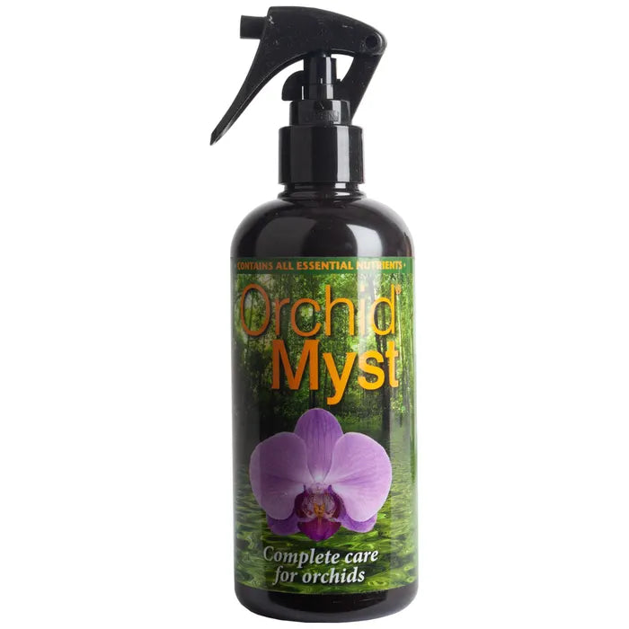 Orchid Myst | A black spray bottle with a photo label with a forest and a purple orchid. Text reads "Contains all essential nutrients, Orchid Myst, complete care for orchids."