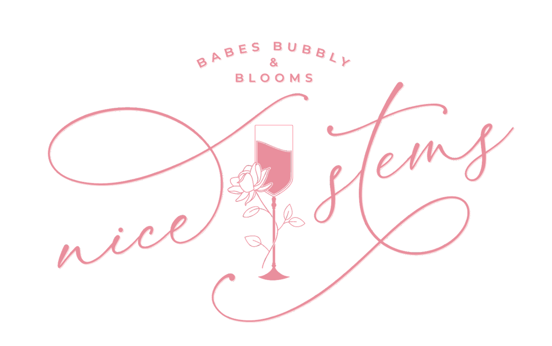 Babes, Bubble, & Blooms, logo with a glass and text that reads "Nice Stems".