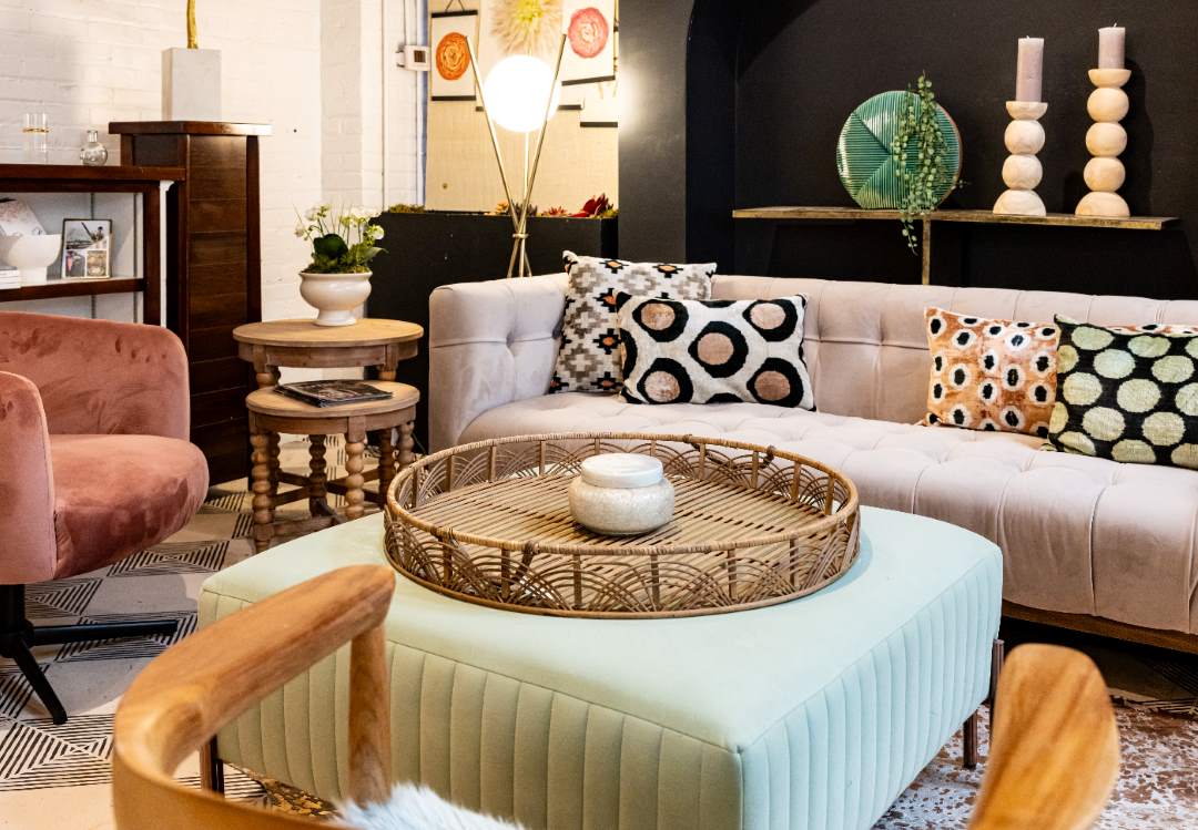 wide view of furniture of muted pastels furniture with modern lighting at design lab 53 Russell Street