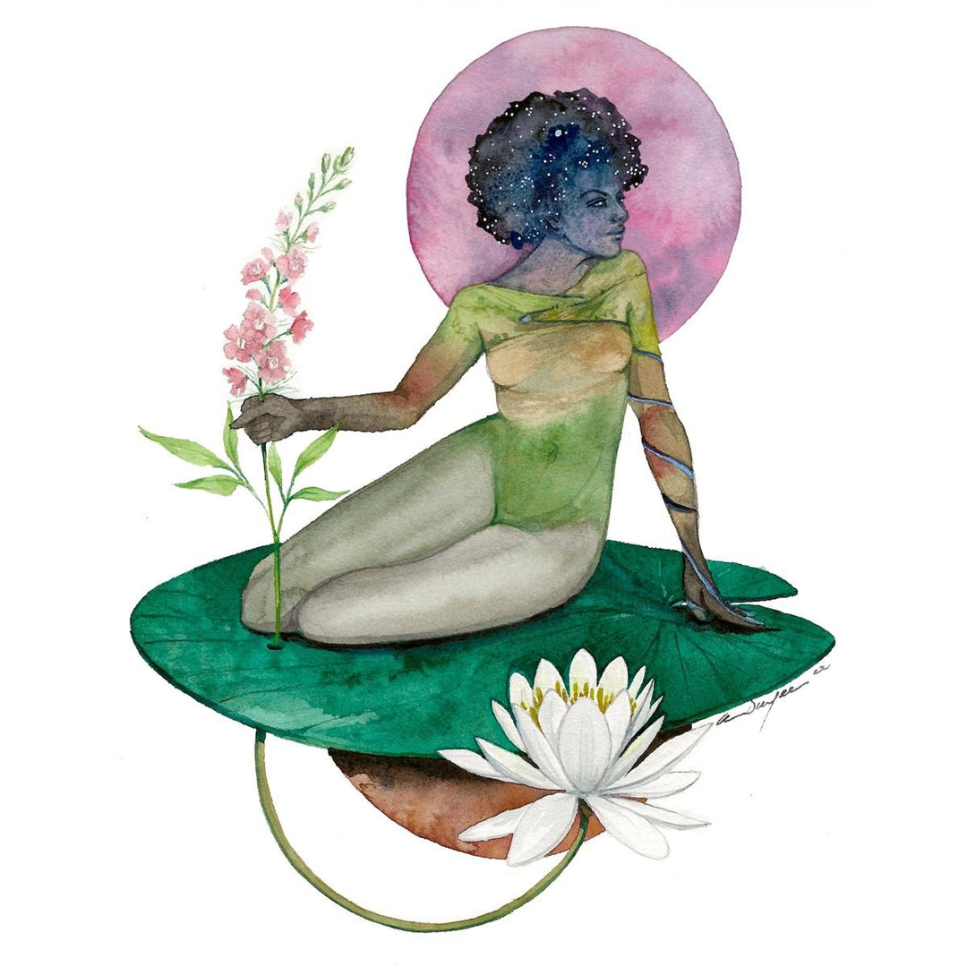 Andrea Durfee | July Birth Flower Goddess Print | A goddess posing on a lily pad with a flower in hand.