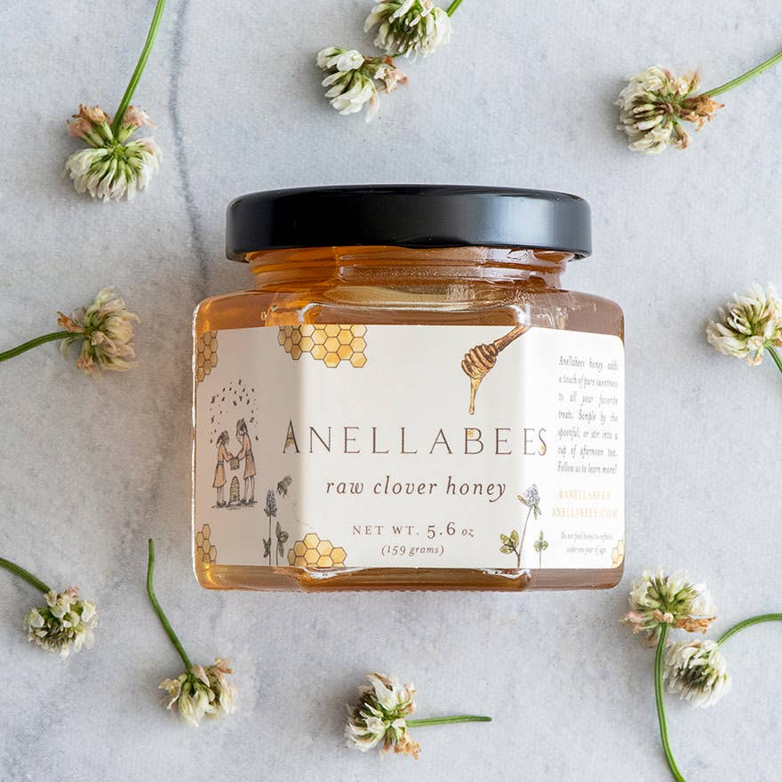 Anellabees | Raw Clover Honey | A reusable glass jar. Net wt. 5.6oz (159 grams)