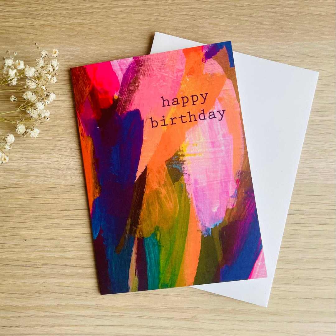 Beth Garner | Happy birthday greeting card with a colorful painterly design.