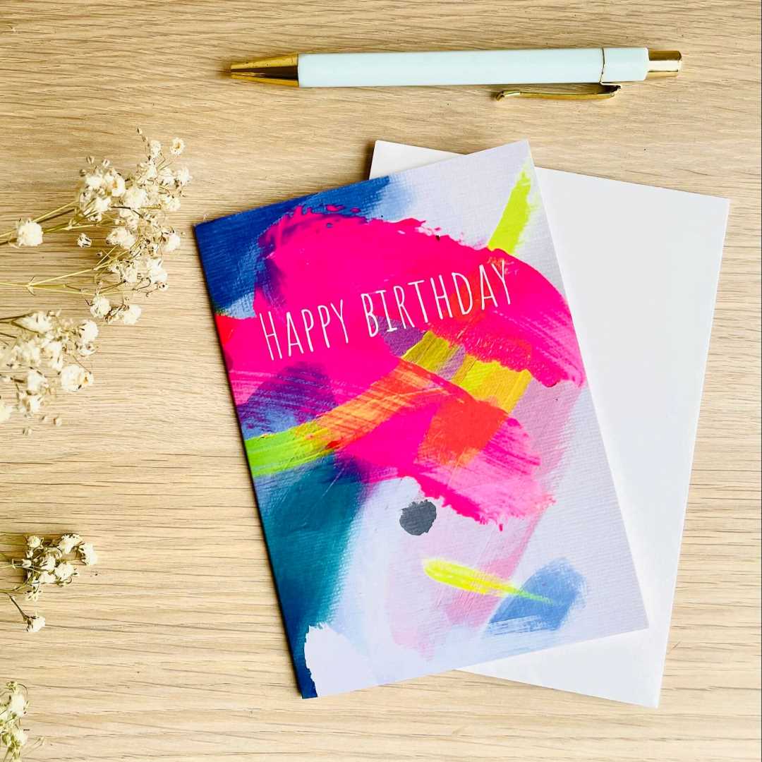 Beth Garner | Happy Birthday greeting card with pink, blue, and yellow, painterly brushstrokes.