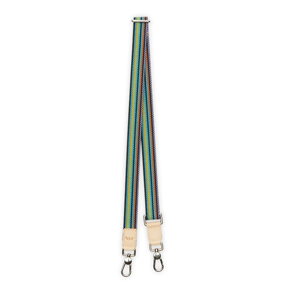 Black Slim Webbing Crossbody Strap | Consuela | A multicolor crossbody strap with a black strip on the outer edge. Accented with Diego leather.