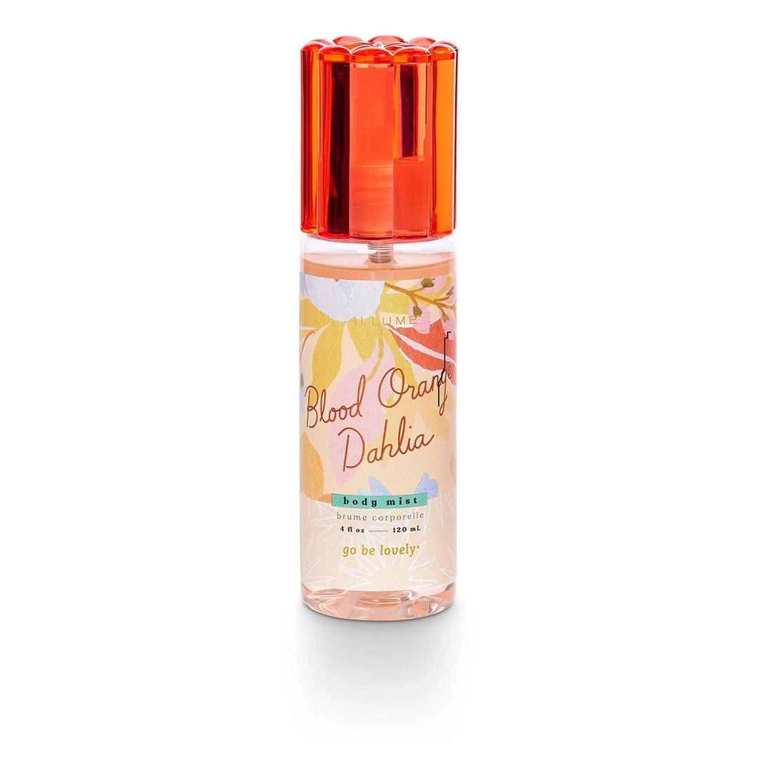 Illume Body Mist | A blood orange dahlia scented body mist in a spray bottle with a floral pattern.