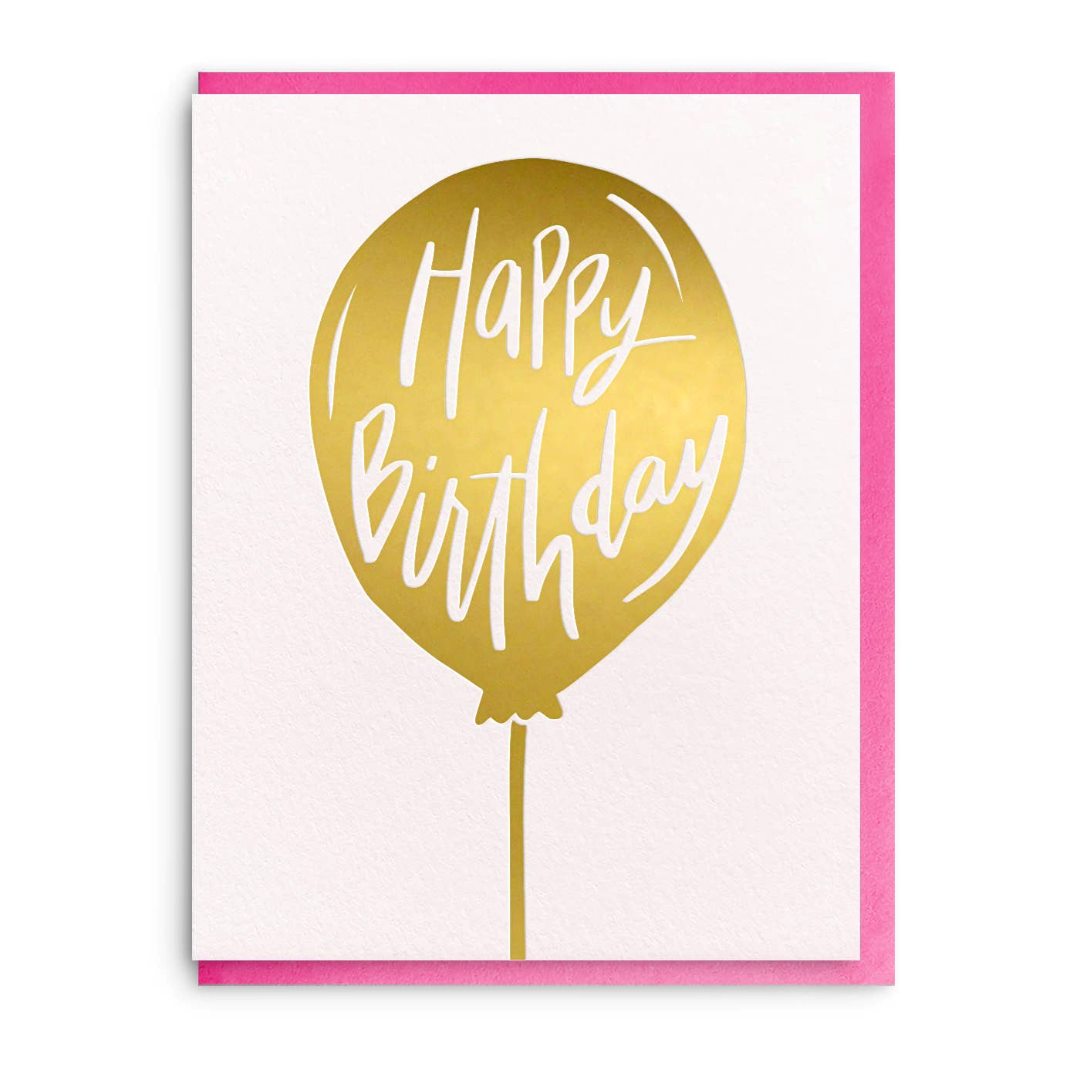 Dahlia Press | Happy Birthday balloon gold foil with a pink envelope.