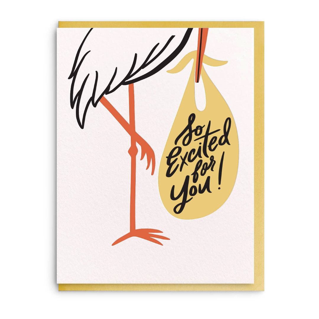 Dahlia Press | New baby card with a stork and a bag that says "So excited for you!"