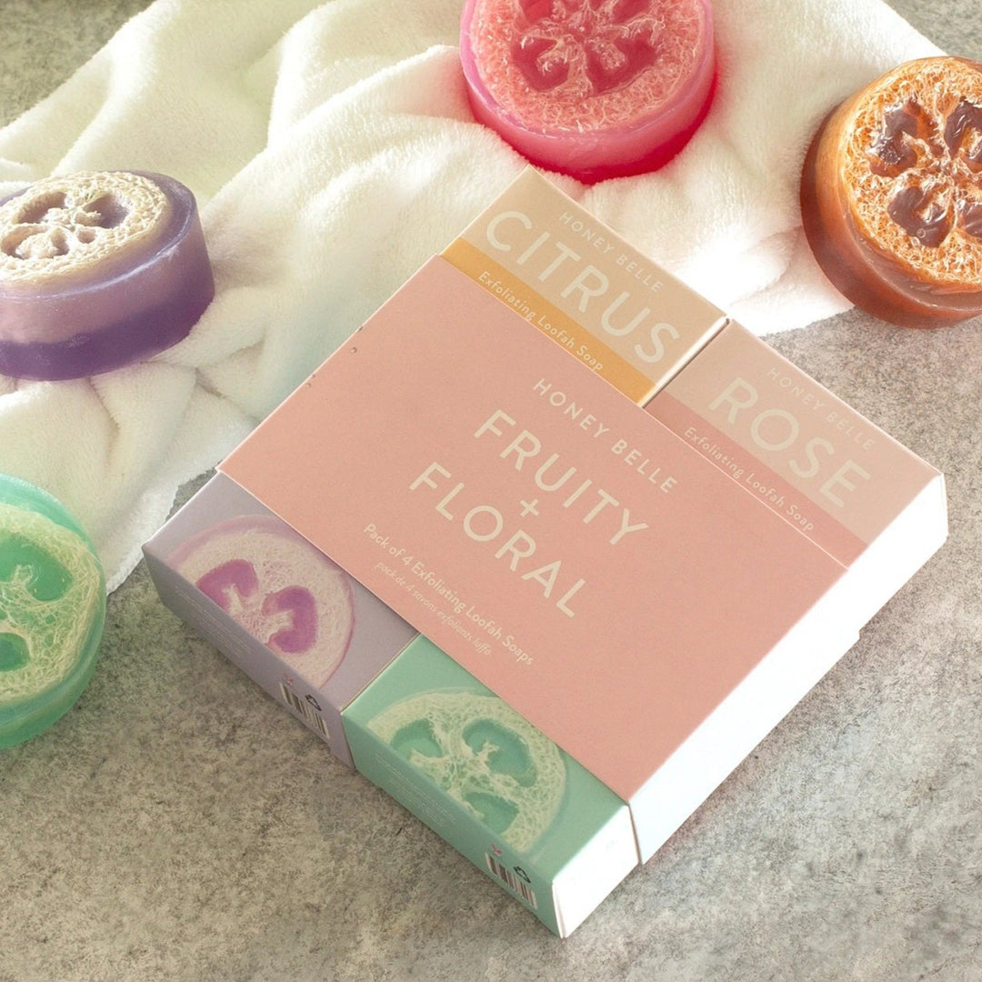 Fruity + Floral Exfoliating Loofah Soap Gift Set | Honey Belle | Fruity and floral exfoliating soap gift set. 4 bars of soap in total.