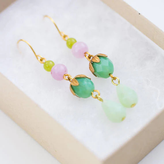 Green Beaded Earrings | Gold accented beaded earrings with green beads and a pink bead.