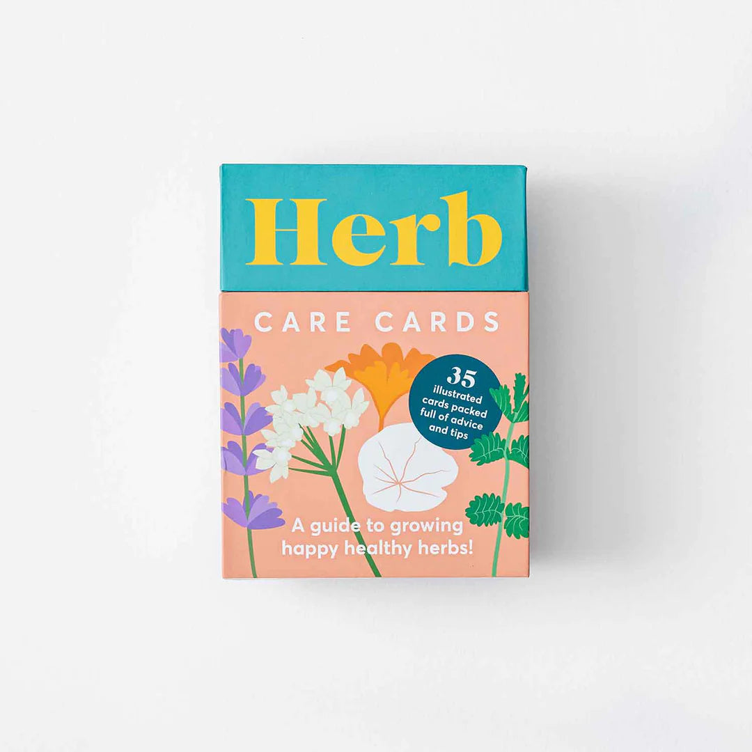 Herb Care Cards | A guide to growing happy healthy herbs! A colorful box with herb illustrations.
