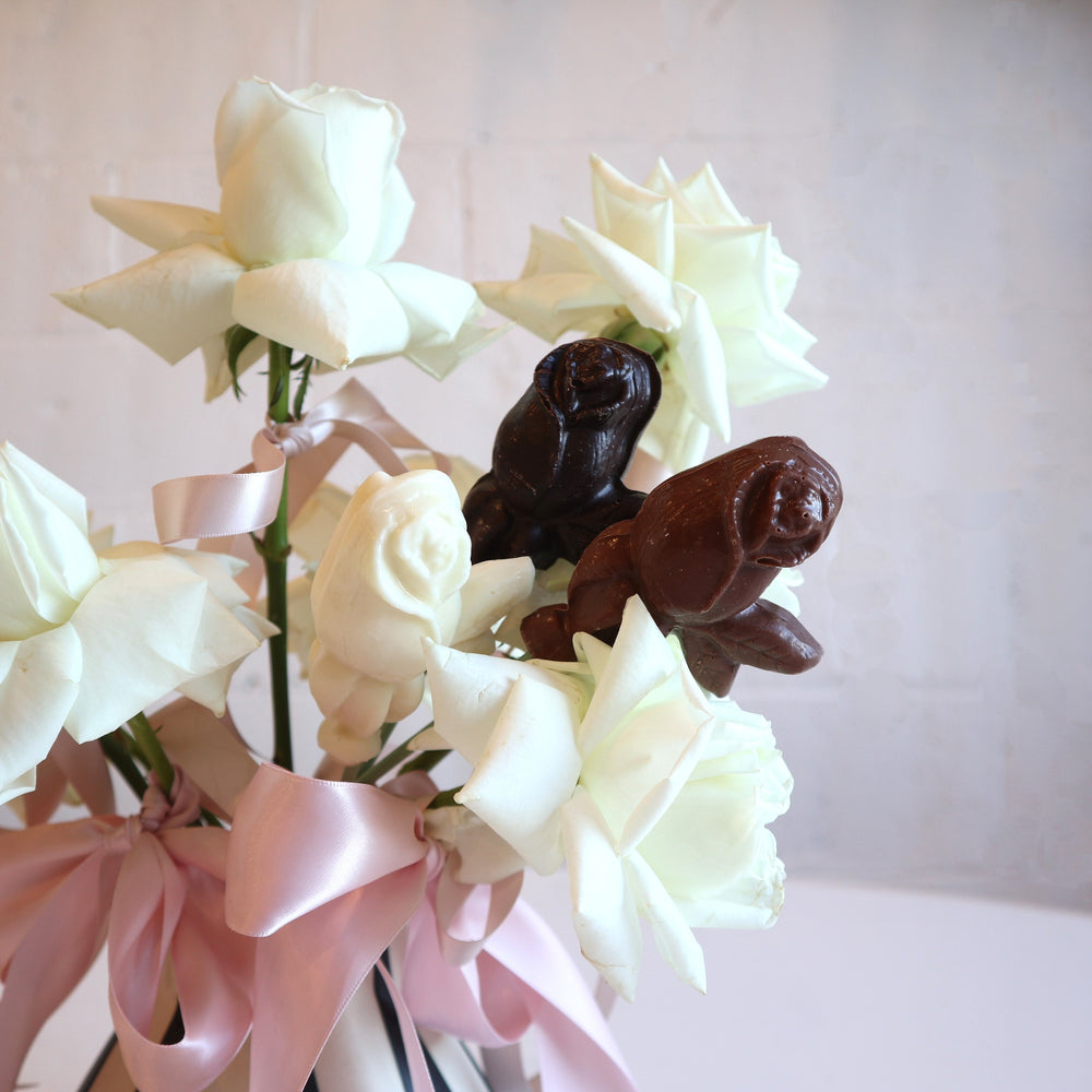 Close of of Stevers candies chocolate roses in our vase colaboration