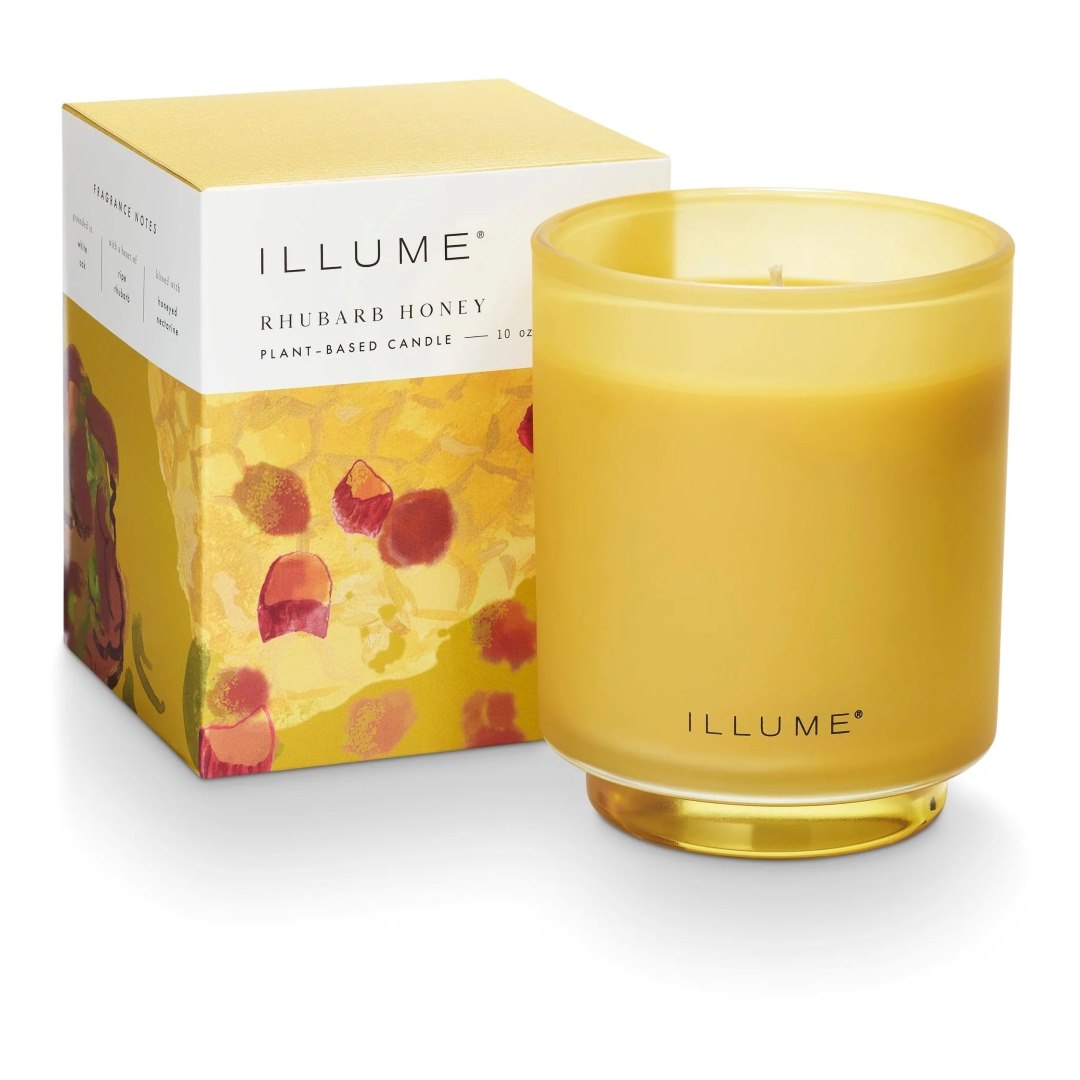 Illume | boxed glass candle, rhubarb honey scented. 10 oz plant based candle.
