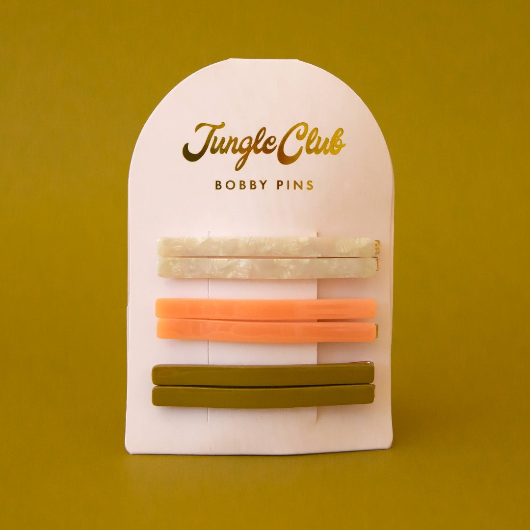 Jungle Club | Acetate Bobby Pins | Pearl, orange, and green.