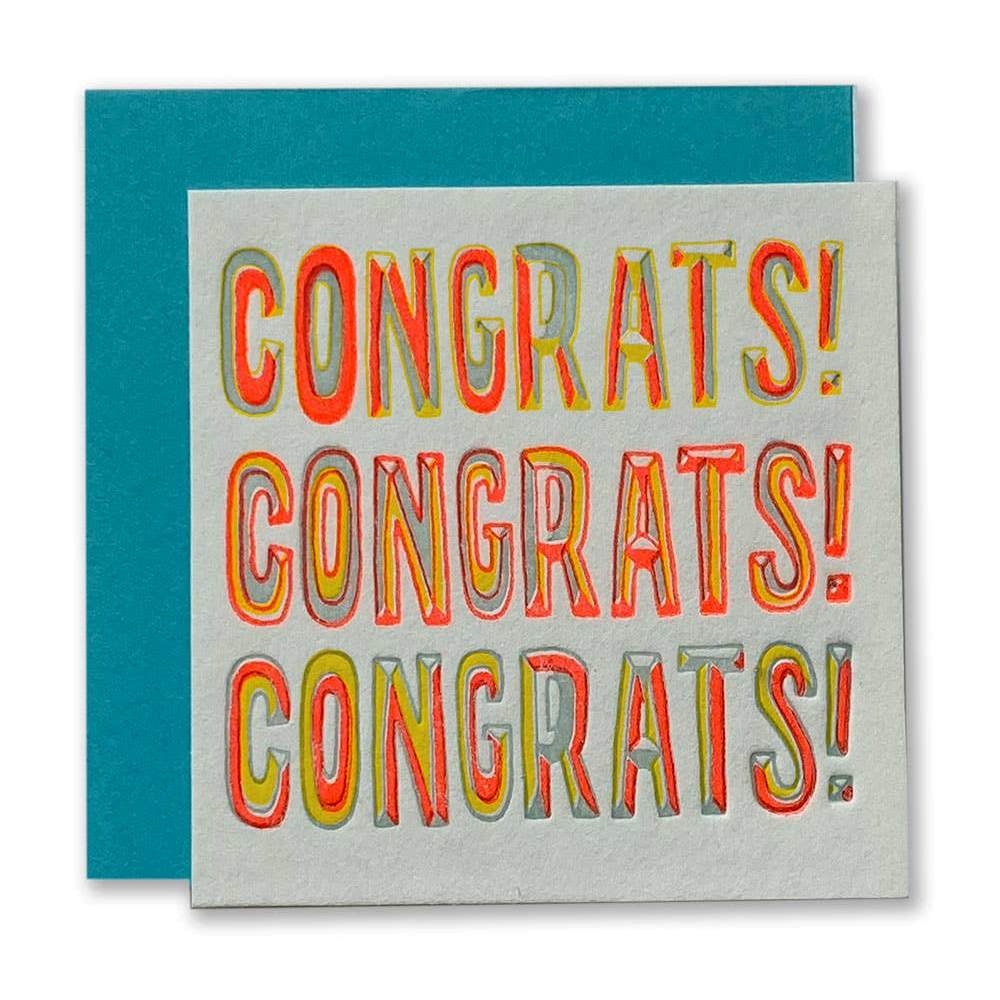Ladyfingers Letterpress | Congrats! Congrats! Congrats! | White card with orange text and a blue card.