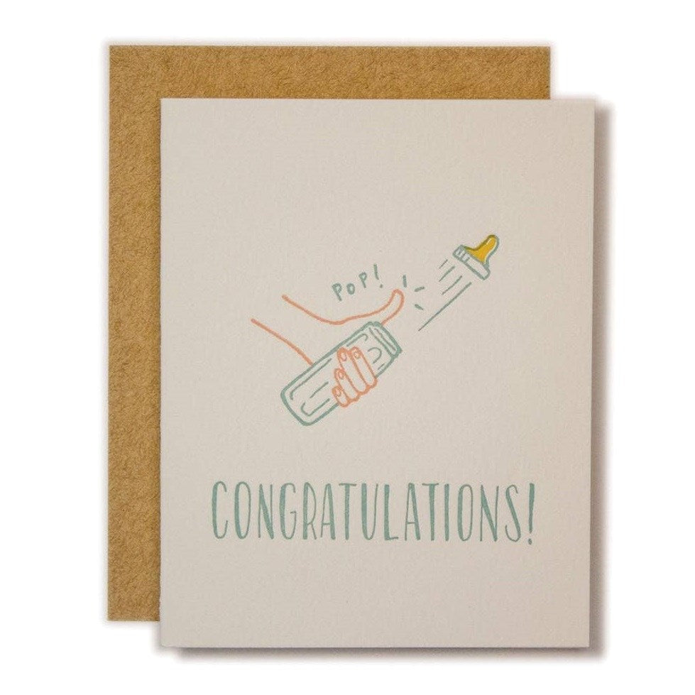 Ladyfingers Letterpress | Congratulations! | Text with an illustration of a hand popping the lid off of a baby bottle.