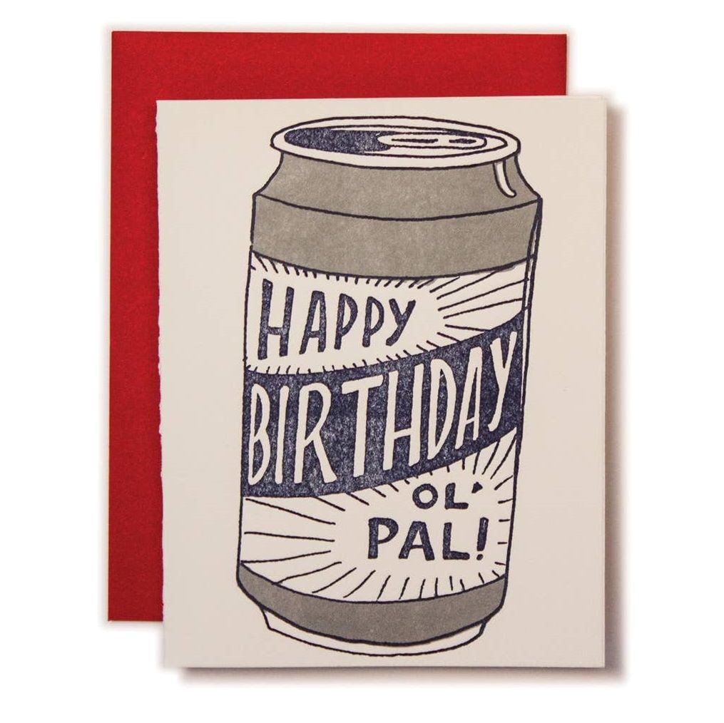 Ladyfingers Letterpress | Happy Birthday ol' pal! | Soda can illustration on a white card.