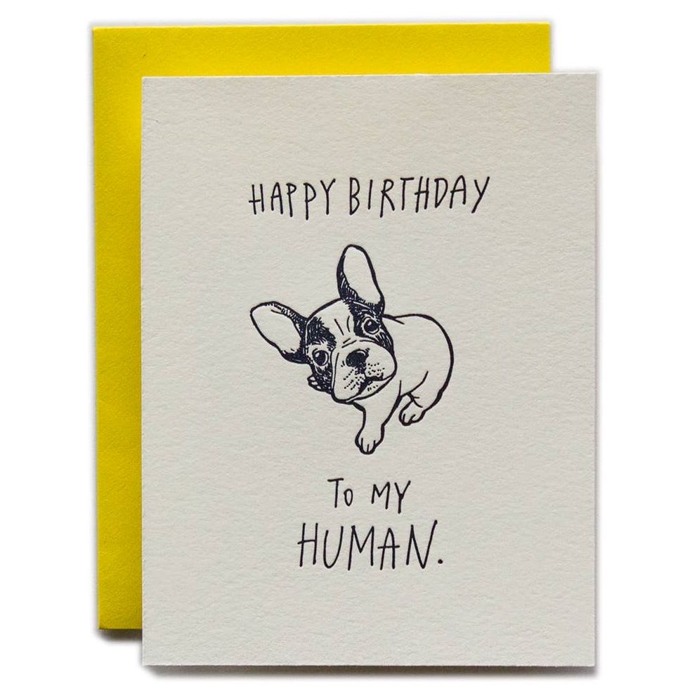 Ladyfingers Letterpress | Happy Birthday to my human. Text with an illustration of a dog.