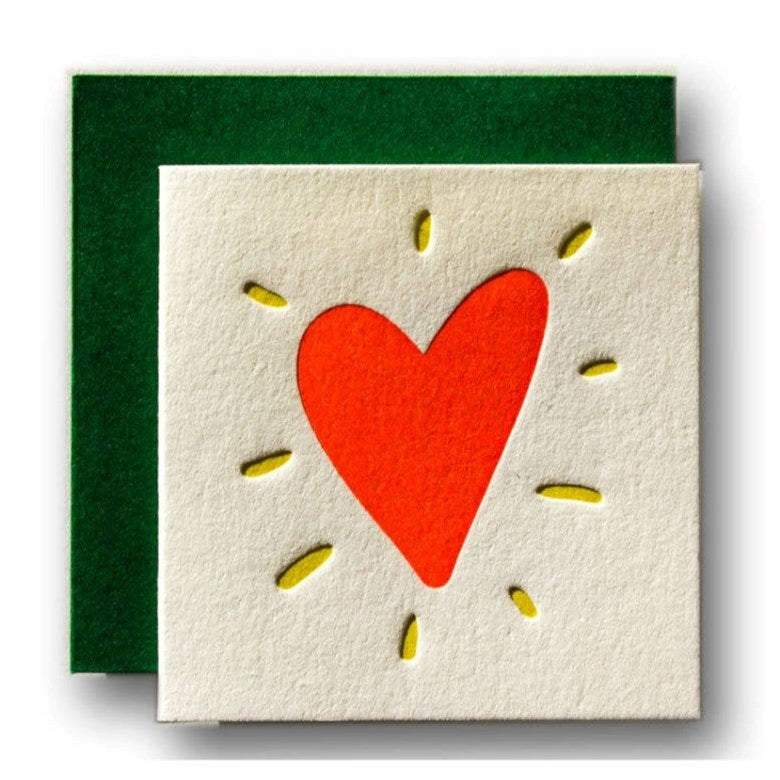 Ladyfiners Letterpress | Heart | on a blank mini card with a green envelope.