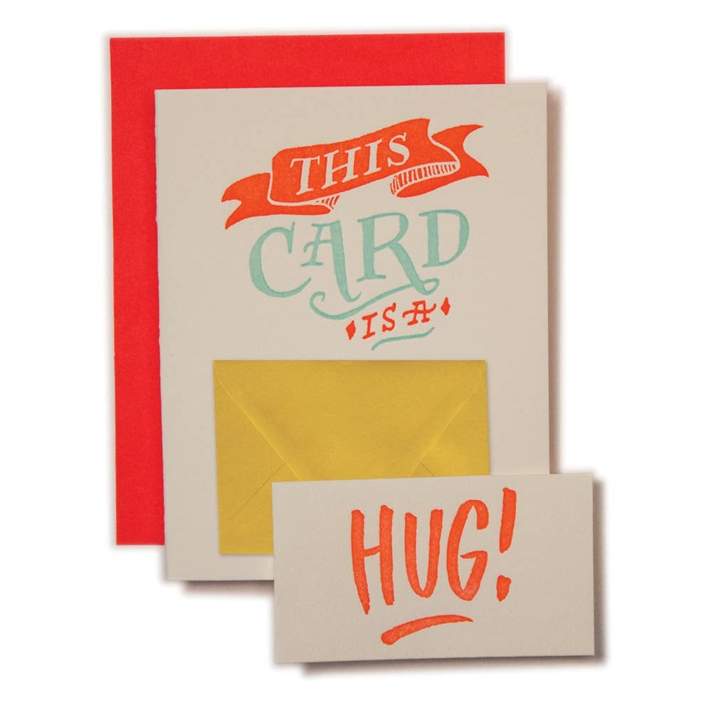 Ladyfingers Letterpress | This card is a HUG! | A white card with colorful text.