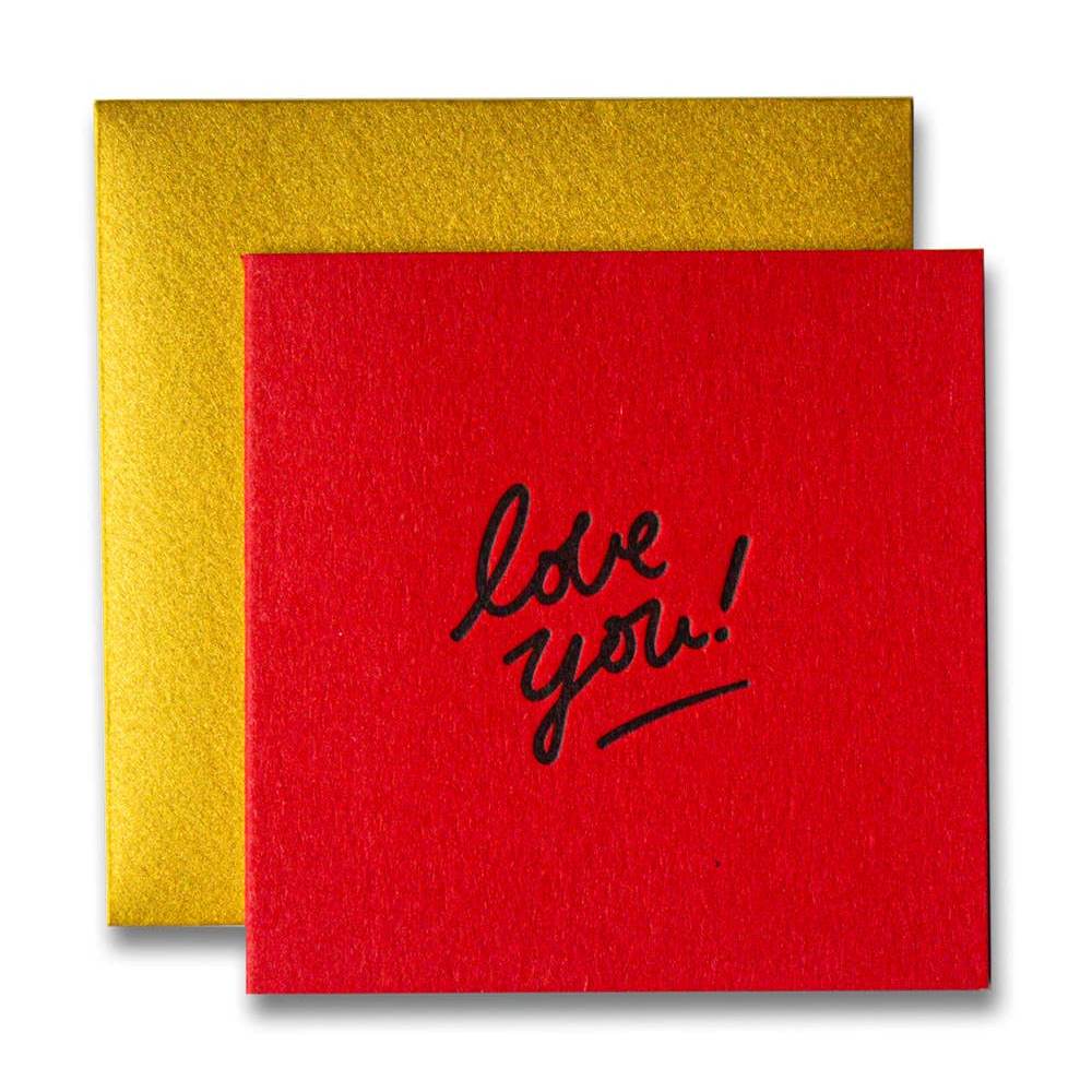 Ladyfingers Letterpress | Love you! | Text on a red card with a gold envelope.