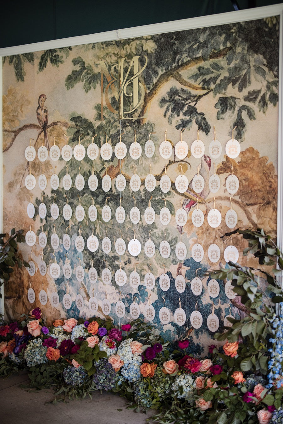 Beautiful seating chart custom made by celebrated events with the Anthropologie Judarn Floral Mural