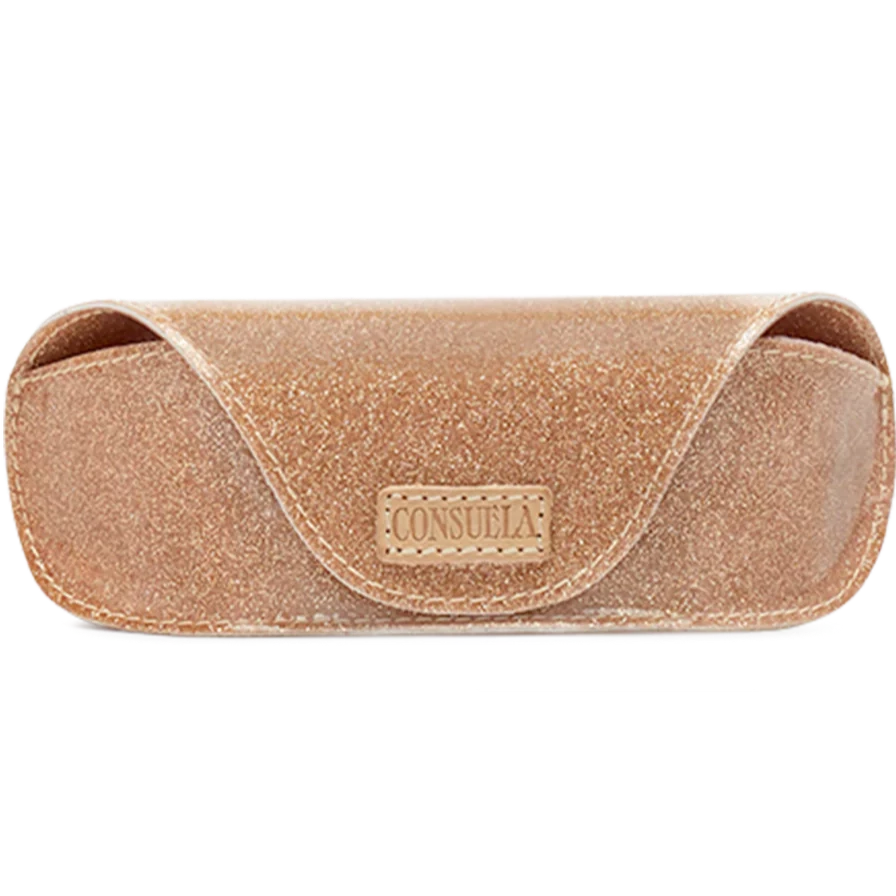 Lee Sunglass Case | A sparkly peach/gold sunglasses case. Interior is a light pink mesh.