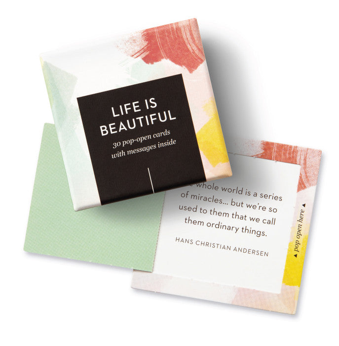 "Life Is Beautiful" Pop-Open Cards | A painterly multicolored box and an open card that says, "the whole world is a series of miracles... but we're so used to them that we call them ordinary things. Hand Christian Anderson." 