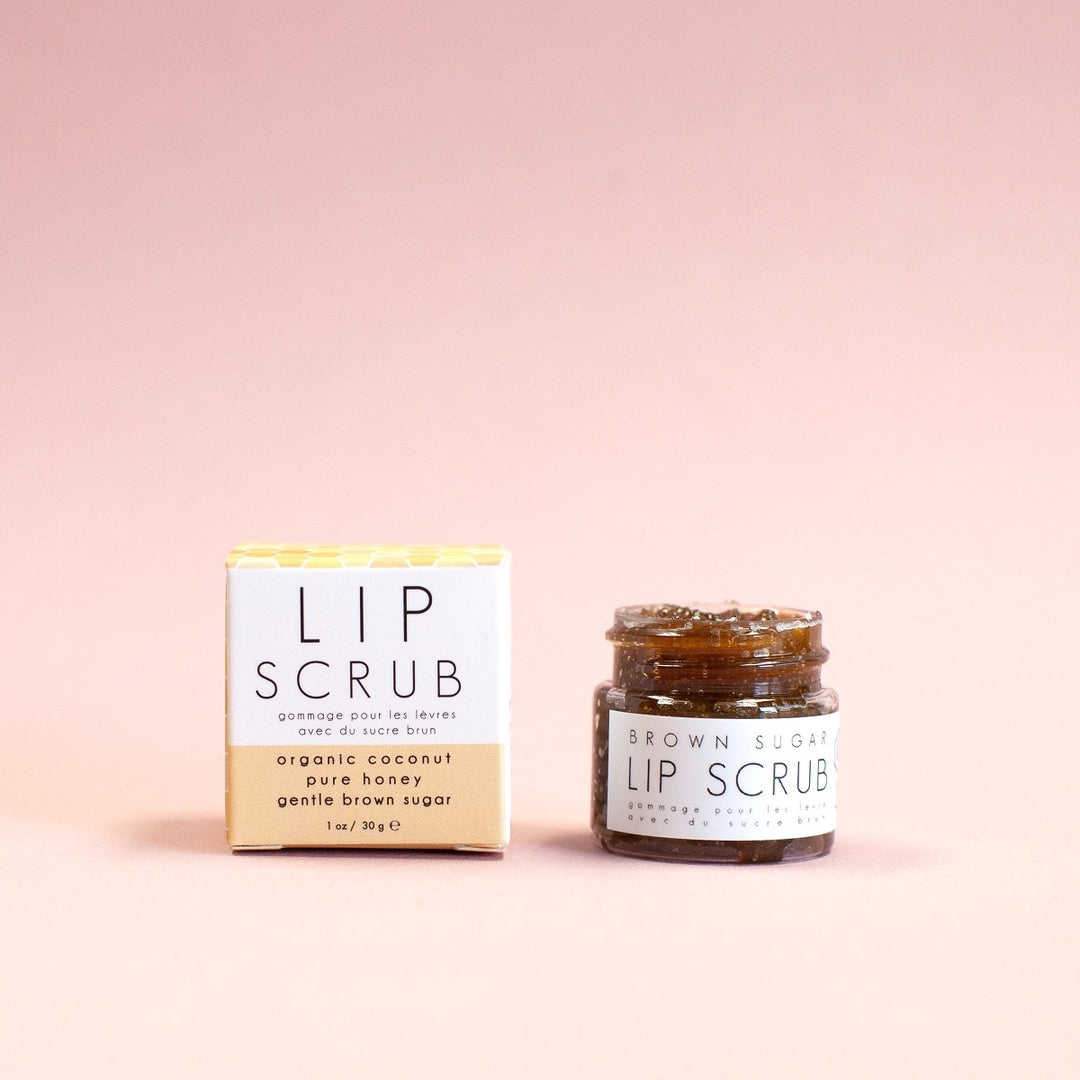 Brown Sugar Lip Scrub | Honey Belle | A small yellow/white box next to a 1 oz lip scrub container.