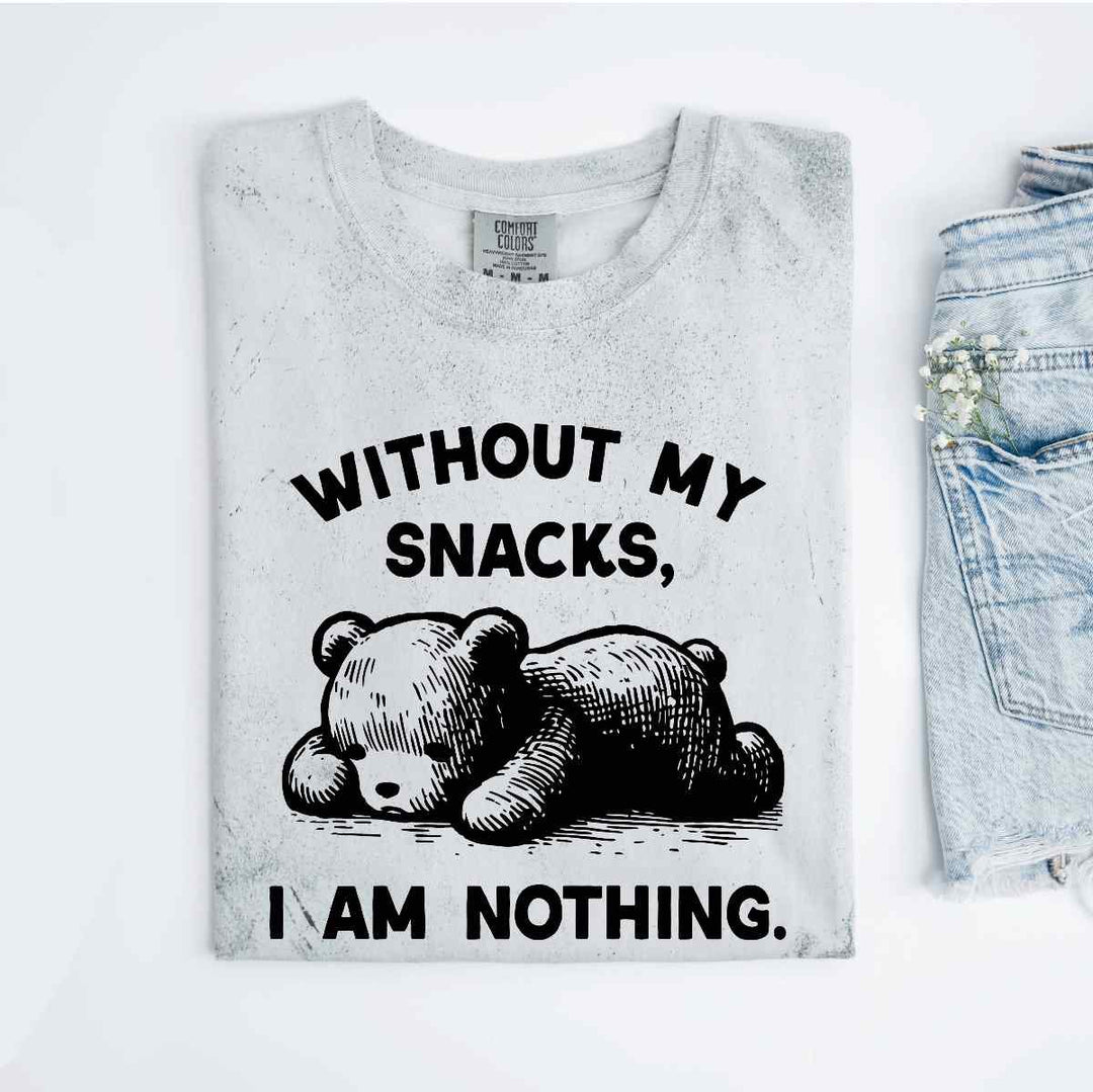 Mugsby | "Without My Snacks I am Nothing" Graphic Tee | A gray shirt with black text and an illustrated plush bear.