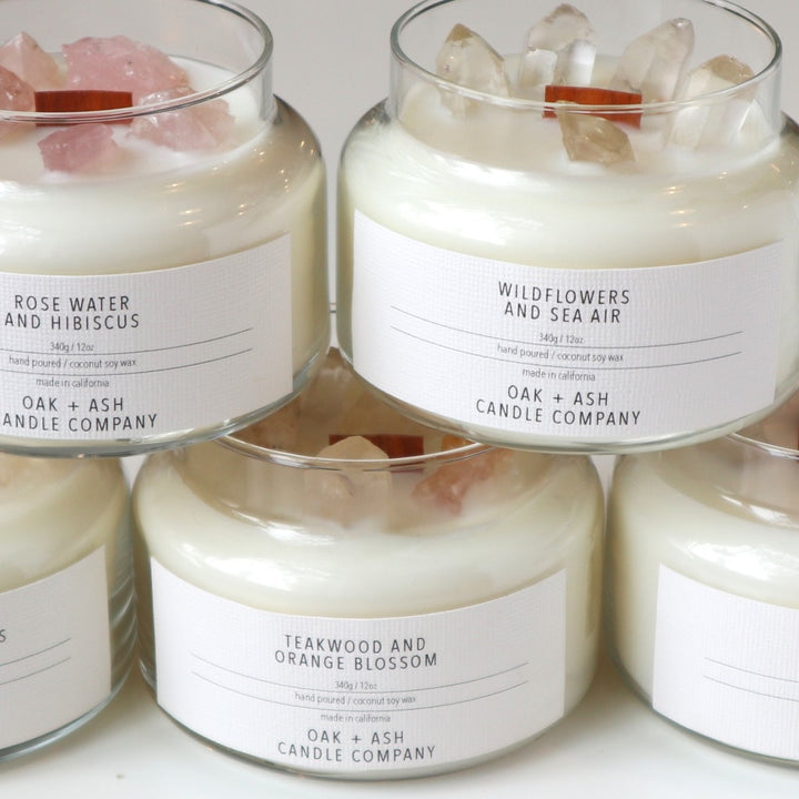 Oak and Ash Candle Company | 12 oz Glass Apothecary Candle w/ Crystals