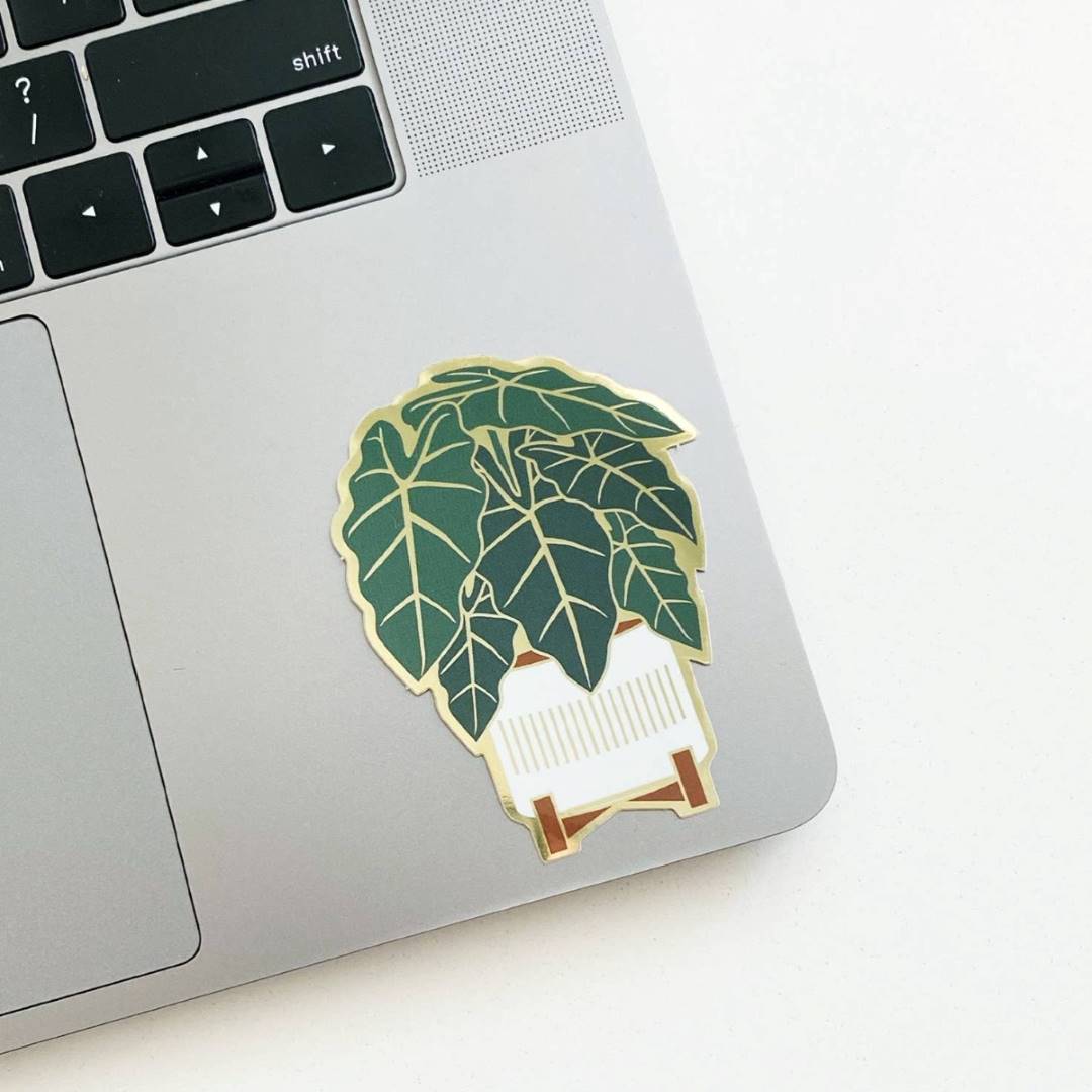 Paper Anchor Co.| Alocasia Sticker | Luxe Metallic Gold Sticker | A decorative green and gold plant sticker.