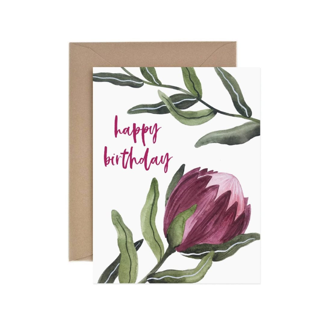 Paper Anchor | Protea Happy Birthday Greeting Card | A white card with a watercolor protea and the text "happy birthday".