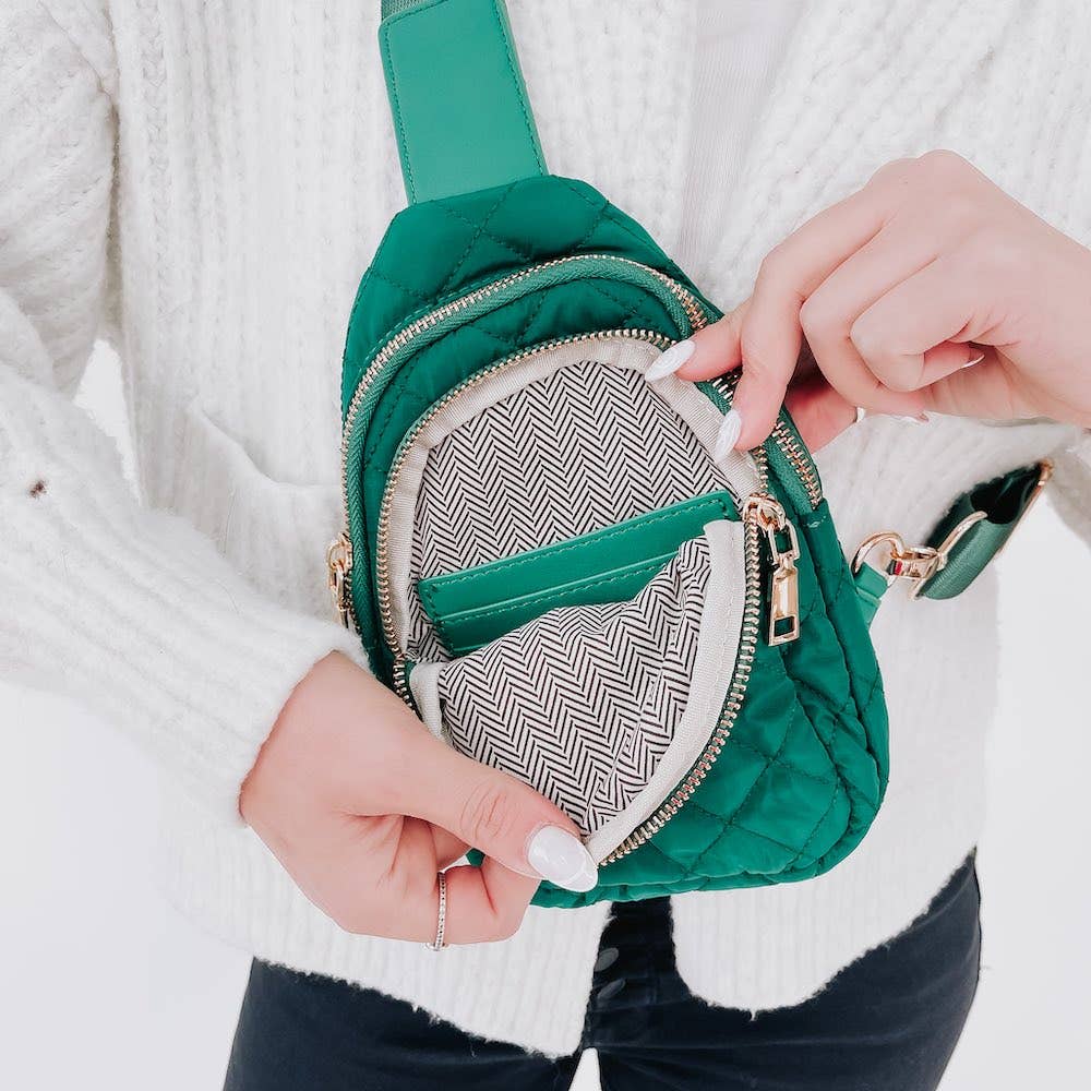 Model displaying the front pouch with built in card holders.