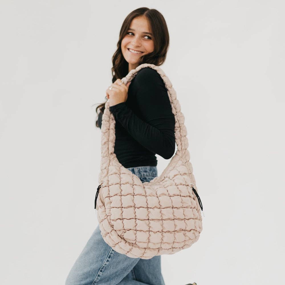 Pretty Simple | Carmen Quilted Hobo Tote Bag: Tan | A quilted bag with an attached quilted strap.