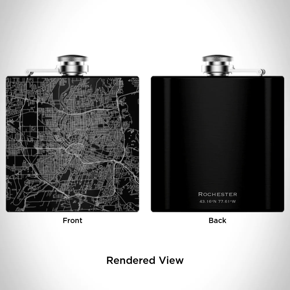 Rochester NY Engraved Flask | A black flask with a silver engraved map of Rochester NY. The back is simple black with silver "Rochester 43.16°N 77.61°W"