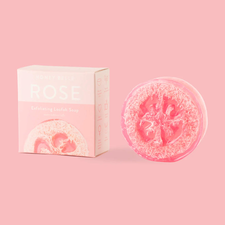 Loofah Soap | Honey Belle | Rose exfoliating Loofah Soap, light rose pink packaging.
