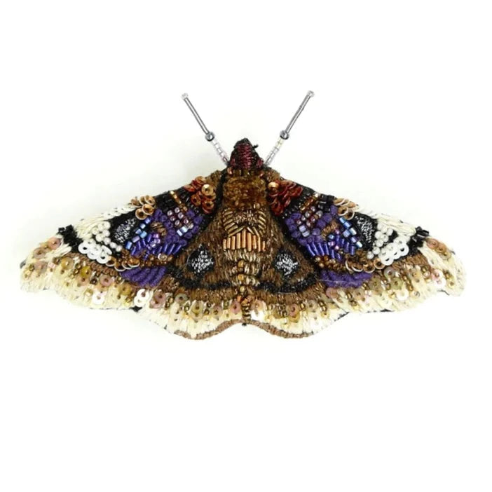 Small Emperor Moth | A hand embroidered emperor moth with gold, purple, white, and brown. Accented with hand sewn sequins and beading.
