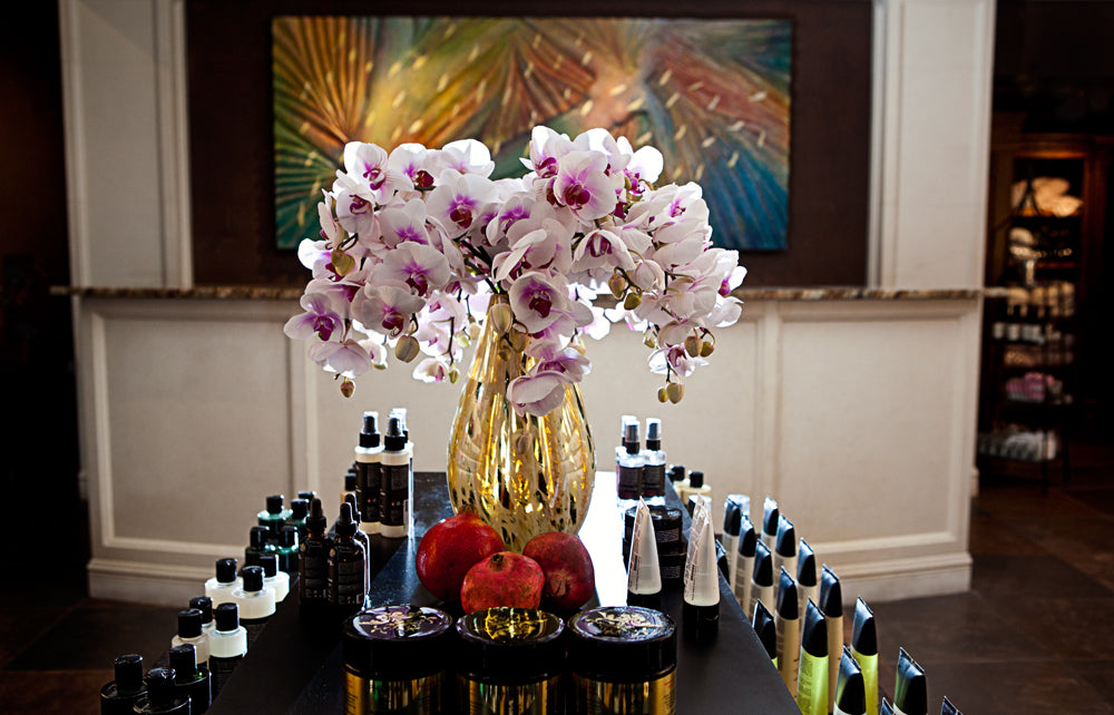 delmonte spa shoot with tammy swales of front display table with orchids