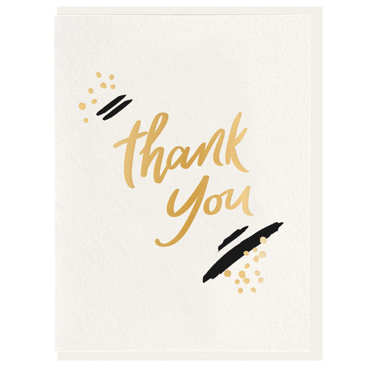 Thank You | Dahlia Press | A simple white card with gold text and gold/black accents. Hand Painted illustration, painterly style.