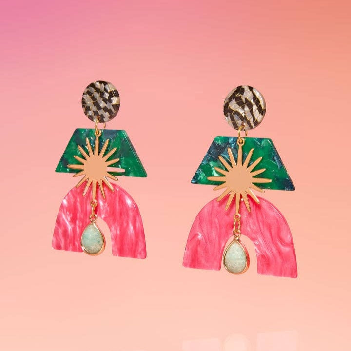 Tribe + Temple | Pink Arch Earrings with green and gold.