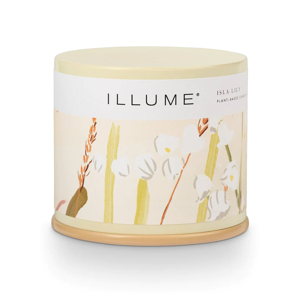 Vanity Tin Candle | Isla Lily | A light yellow tin with a classy floral pattern.