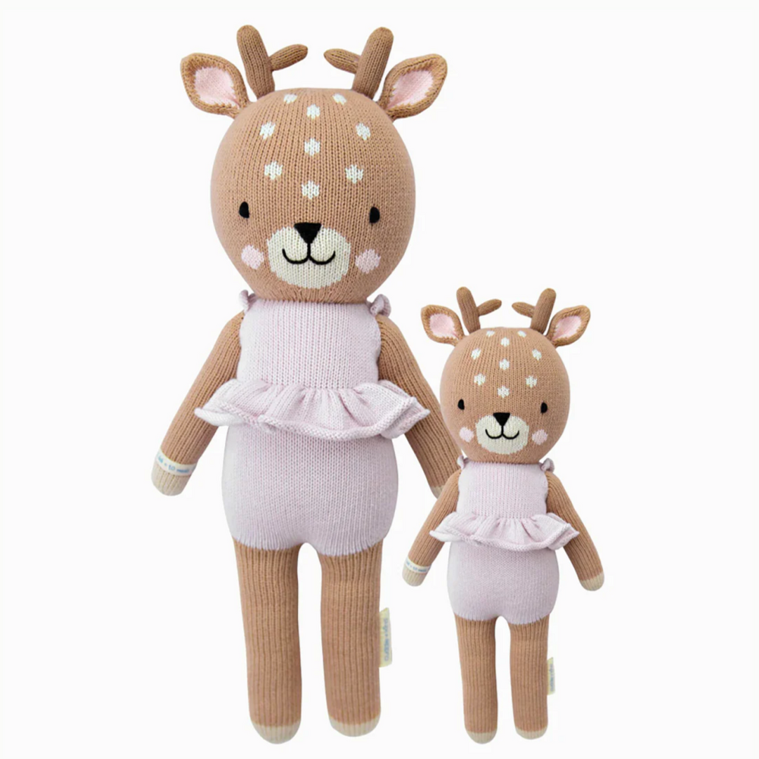 Violet the Fawn | Cuddle + Kind | A brown fawn plush with a pink tu tu. Two sizes pictured, 20" and 13".