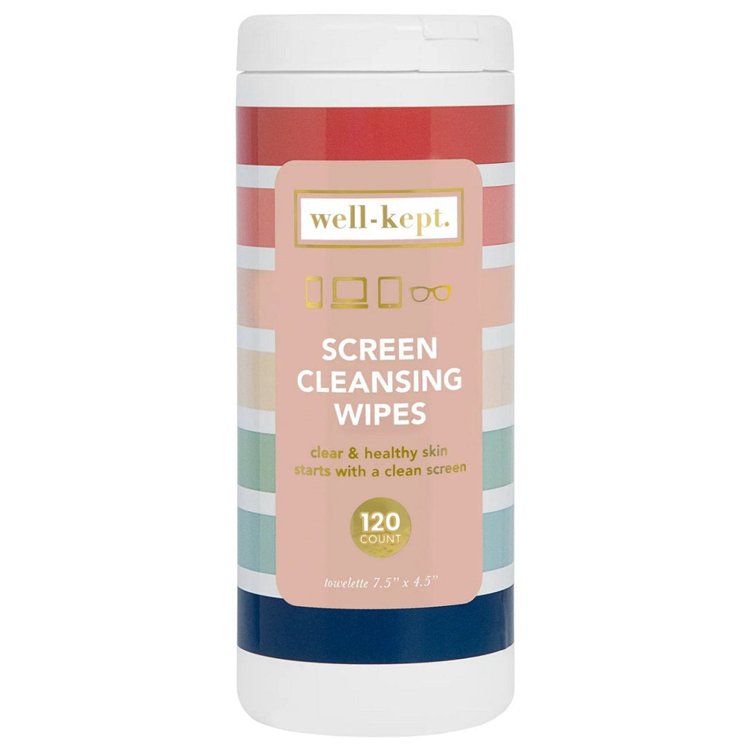"Better Days" Screen Cleansing Towelettes | Well-Kept| A colorful striped canister of cleansing wipes. The label reads "Well-Kept, Screen Cleansing Wipes, clear & healthy skin starts with a clean screen, 120 count, towelette 7.5" x 4.5".