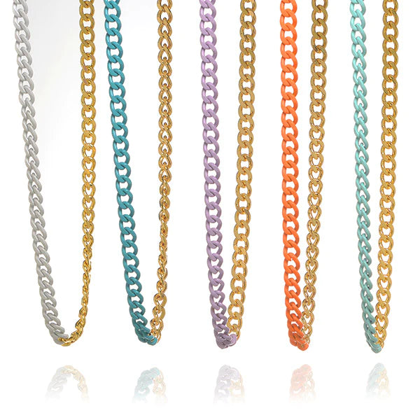 Teca Enamel Necklace | Anuja Tolia Jewelry | A range of colors of half enamel and gold chains.