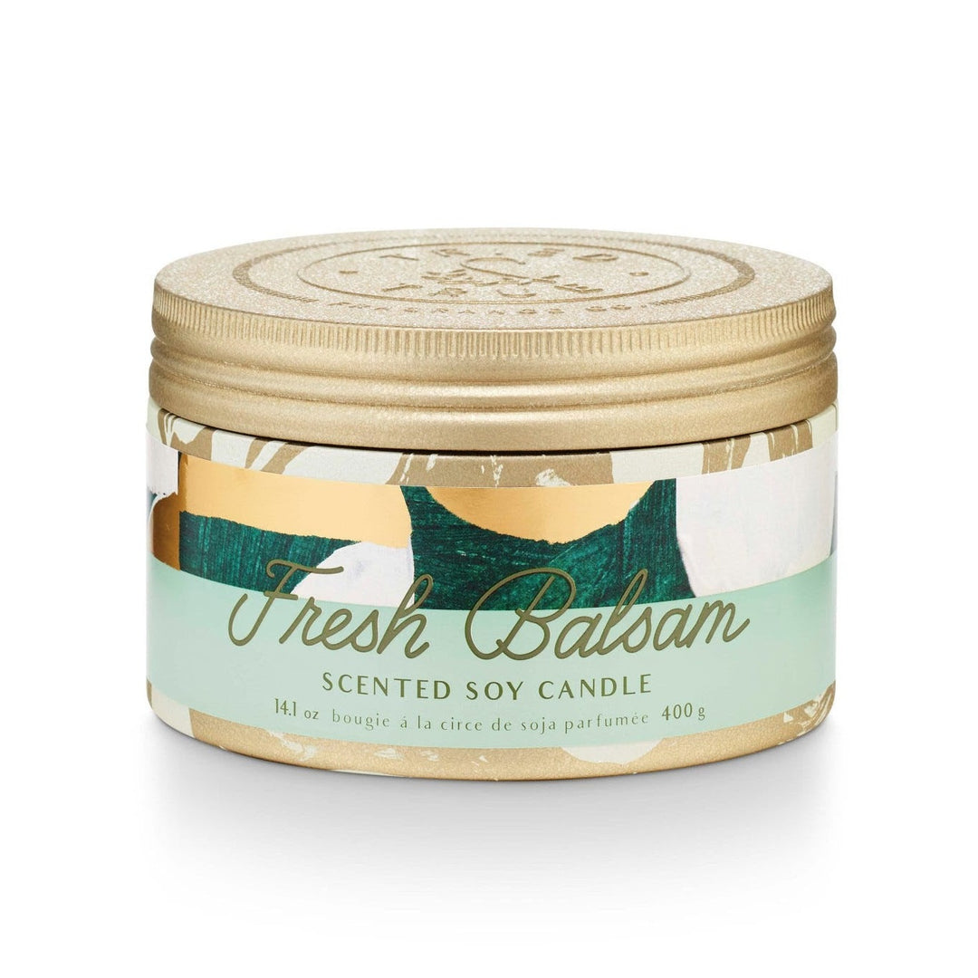Tried & True Large Tin Candle | Fresh Balsam | A gold patterned tin candle with a green/gold/white label that reads "Fresh Balsam, Scented Soy Candle, 14.1 oz, bougie a la circe de soja parfumee, 400g".
