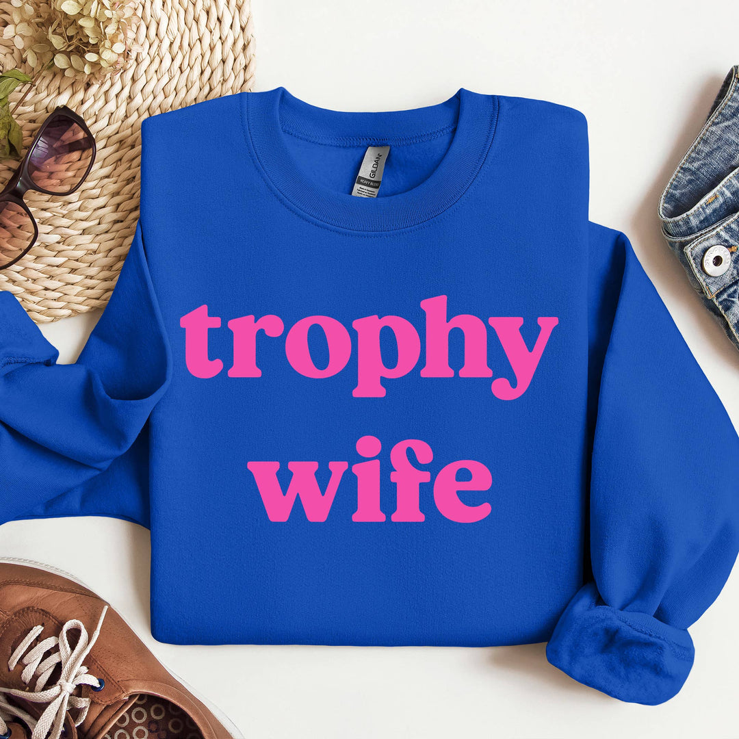 Mugsby | Trophy Wife in Hot Pink print on Royal Blue Sweatshirt