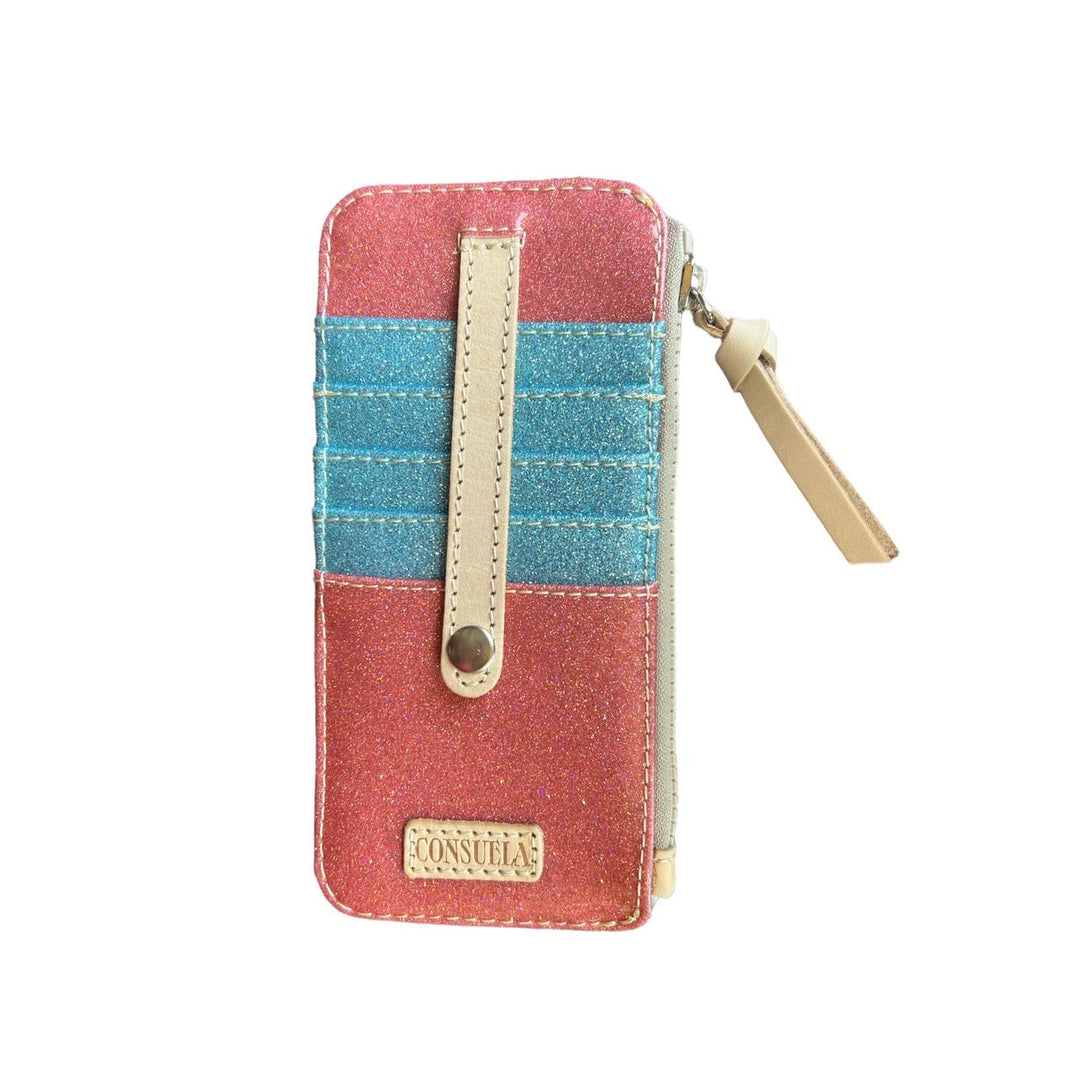 Card Organizers | Consuela | A sparkly pink and blue card organizer with nude accents and a protective strap over the card slots. Small piece at the bottom says "Consuela".