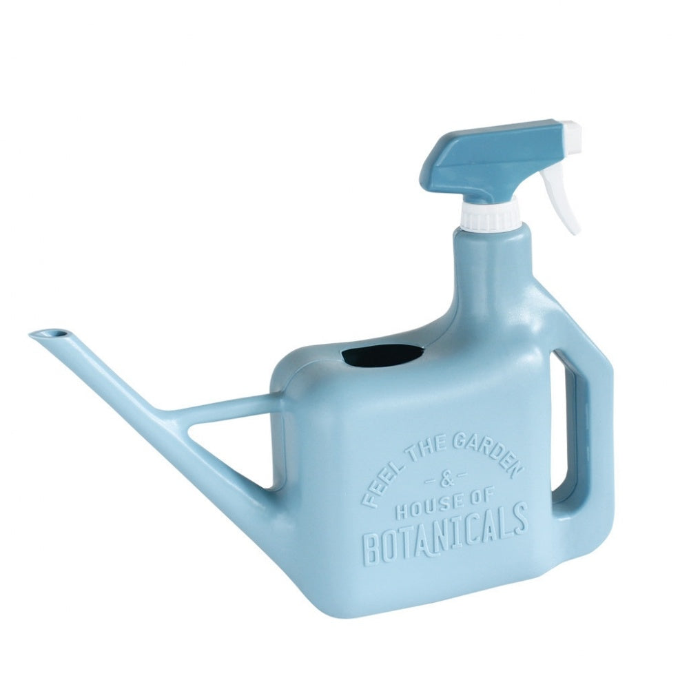 Spray Sprinkler Watering Can | Blue watering can with pour nozzle on one side and spray nozzle on the handle side. Can reads "Feel the Garden & House of Botanicals".