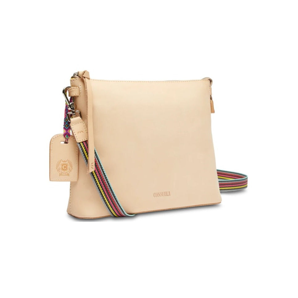 Diego Downtown Crossbody | Consuela | A natural leather bag with matching leather accents and a multicolor crossbody strap.